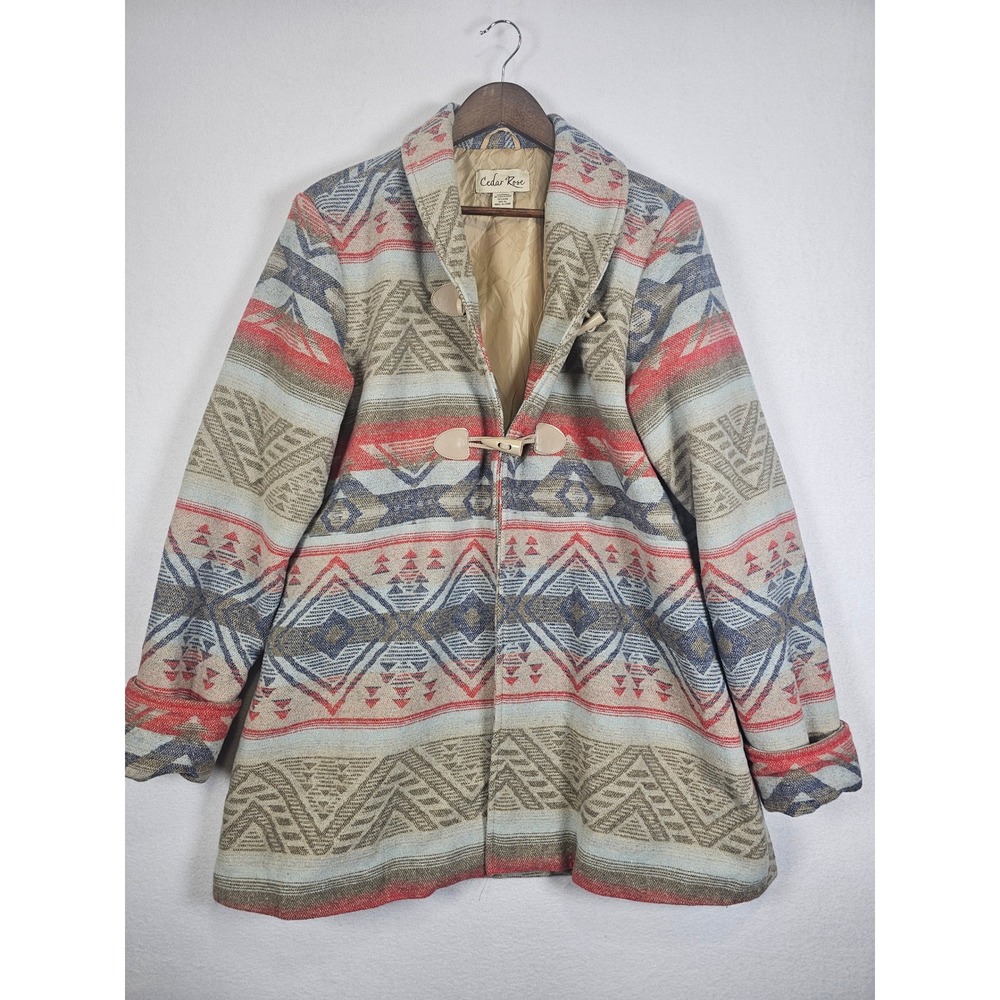 Southwestern Cedar Rose Toggle Coat Womens XL Multicolor Geometric Wool Blend